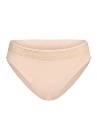 Sous-vêtements bikini de couleur chair avec une texture lisse, dotés d'une ceinture élastique à motifs et d'une coupe classique.