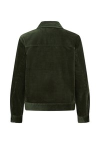 Veste en velours côtelé vert foncé à manches longues, poignets boutonnés et ourlet droit, vue de dos sur fond blanc.