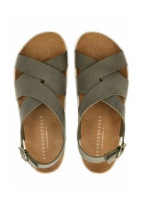 Zelené kožené sandály s křížovými pásky a korkovou stélkou. Obsahují přezku a texturovanou podrážku pro lepší přilnavost. Jednoduchý, plochý design.