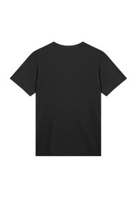 Black cotton t-shirt featuring a crew neck and short sleeves, with a smooth texture and minimalistic design, visible from the back.