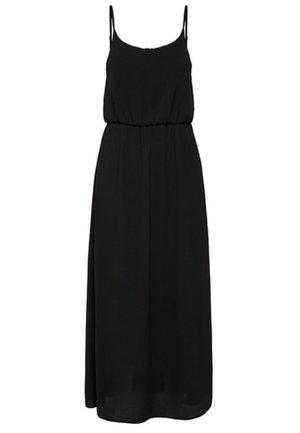 Robe maxi noire sans manches avec fines bretelles et taille élastique, dotée d'une jupe ample et fluide.