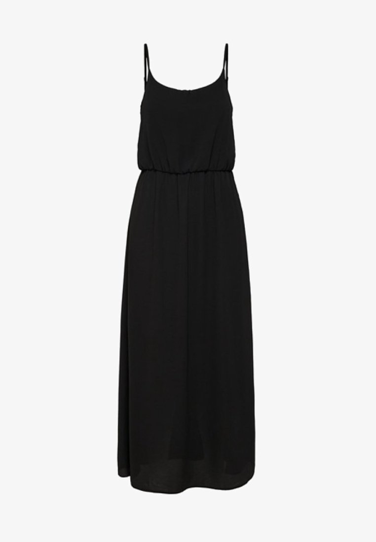 Robe maxi noire sans manches avec fines bretelles et taille élastique, dotée d'une jupe ample et fluide.