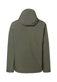 Veste à capuche vert olive, fabriquée en matériau lisse et résistant à l'eau. Présente un design minimaliste, avec des détails de couture et une coupe droite.