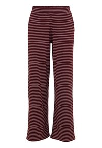 Bordeaux kleurige wijde broek met dunne crèmekleurige strepen, elastische tailleband, gladde stof en een relaxte pasvorm. Geschikt voor casual wear.