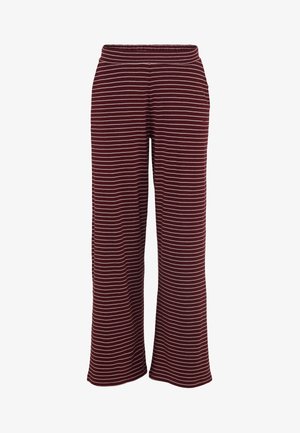 Pantaloni a gamba larga bordeaux con sottili righe crema, vita elasticizzata, tessuto morbido e vestibilità rilassata. Adatti per l'abbigliamento casual.