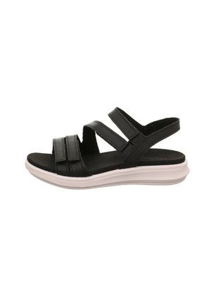 Schwarze Sandalen mit drei verstellbaren Riemen, einem weichen Fußbett und einer weißen, konturierten Gummisohle. Glatte Lederstruktur, minimalistischem Design.