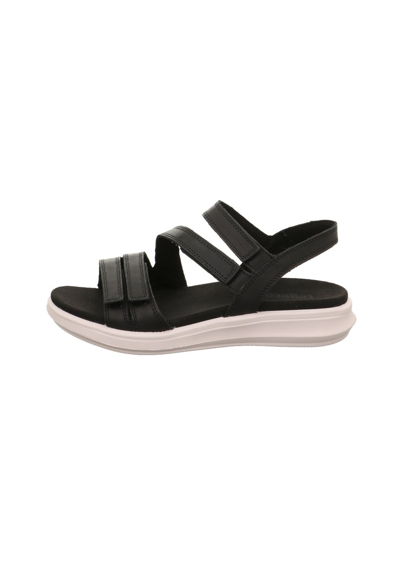Schwarze Sandalen mit drei verstellbaren Riemen, einem weichen Fußbett und einer weißen, konturierten Gummisohle. Glatte Lederstruktur, minimalistischem Design.