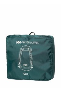 Sac de sport en tissu vert, capacité de 50 L, présentant un design et un logo en contour blanc, avec une poignée supérieure et des bretelles réglables.