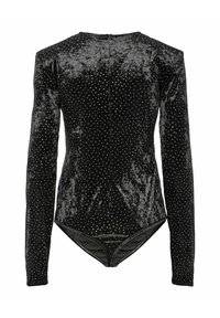 Bodysuit de terciopelo negro con mangas largas, adornado con piedras de rhinestone plateadas en un patrón de puntos. Presenta un cierre de cremallera en la parte posterior.