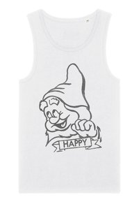 Canottiera bianca con una grafica nera che raffigura un gnometto con un cappello a punta e la scritta "FELICE" su uno striscione sottostante.