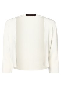 Vit lätt kort cardigan med öppen front, ribbat mönster och långa ärmar. Lappen på baksidan säger "Vera Mont."