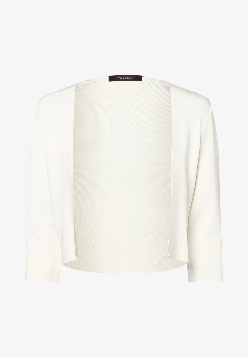 Vit lätt kort cardigan med öppen front, ribbat mönster och långa ärmar. Lappen på baksidan säger "Vera Mont."