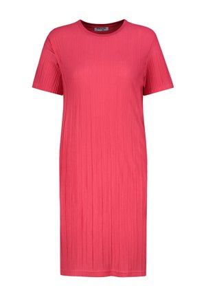 Rosa kurzärmliges Kleid mit gerippter Textur, Rundhalsausschnitt und knielanger Ausführung. Hergestellt aus einem weichen, leichten Stoff.