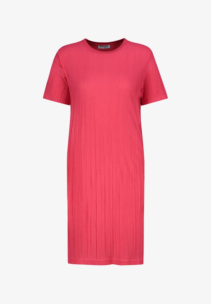 Rosa kurzärmliges Kleid mit gerippter Textur, Rundhalsausschnitt und knielanger Ausführung. Hergestellt aus einem weichen, leichten Stoff.