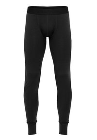 Black fitted long underwear with an elastic waistband featuring embossed branding. Smooth texture and tapered legs with ribbed cuffs.