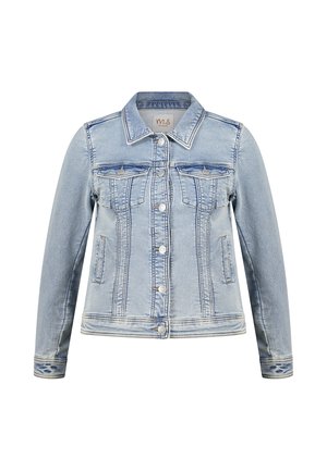 Lichtblauwe spijkerjack met knoopsluiting, twee borstflapzakken, zijzakken en lange mouwen met knoopmanchetten.