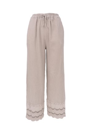 Lightweight, taupe wide-leg pants with an elastic waistband, featuring a textured fabric and lace trim at the hem with scalloped edges.