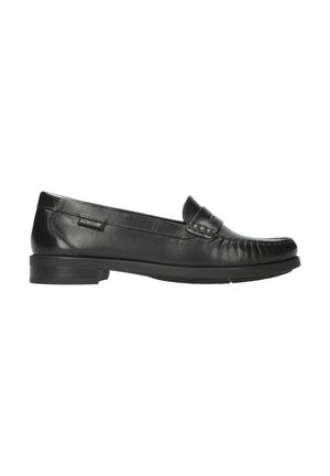 Mocassin en cuir noir à enfiler avec un petit talon, coutures moc toe et une petite étiquette de marque sur le côté.