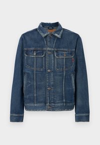 Denim jacket in dark blue with a classic design. Features two chest pockets, button closure, and subtle fading. Traditional collar and cuffs.