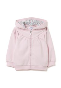 Felpa leggera rosa con zip, con una parte anteriore arricciata, una fodera con motivo floreale nel cappuccio e polsini e orlo a costine. Materiale in cotone morbido.