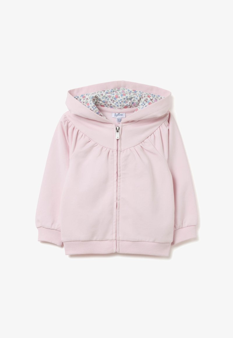 Felpa leggera rosa con zip, con una parte anteriore arricciata, una fodera con motivo floreale nel cappuccio e polsini e orlo a costine. Materiale in cotone morbido.