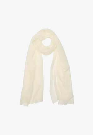 Écharpe blanche douce et légère avec des bords effilochés, enroulée lâchement.