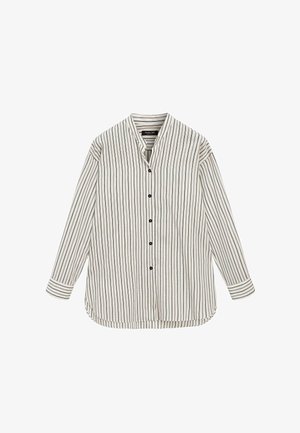 Long-sleeve, button-up shirt in cream with vertical black stripes. Features a mandarin collar and rounded hem. Made of lightweight fabric.
