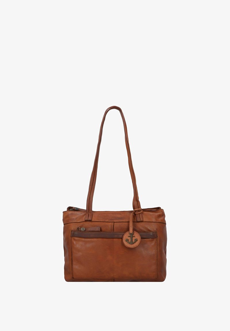 Sac fourre-tout en cuir tan avec fermeture éclair, deux poignées, une poche avant et un charm en forme d'ancre sur une sangle. Texture lisse.