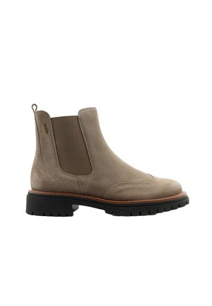 Braune Wildleder Chelsea-Boots mit elastischen Seitenpanelen, einer Zuglasche und einer robusten schwarzen Gummisohle mit Profil.