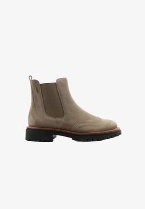 Braune Wildleder Chelsea-Boots mit elastischen Seitenpanelen, einer Zuglasche und einer robusten schwarzen Gummisohle mit Profil.