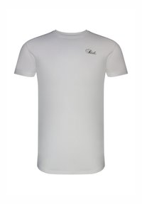 Άσπρο t-shirt με κοντά μανίκια και λαιμόκοψη σε στυλ crew, με μικρό μαύρο λογότυπο "Siksilk" σε καλλιγραφικό στυλ στην αριστερή πλευρά του στήθους, πάνω σε απλό φόντο.