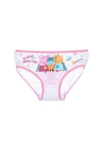 Culottes en coton blanc avec des bordures roses, ornées de personnages de dessins animés et d'étoiles, le texte indique "TU ES MON PLANÈTE PRÉFÉRÉE." Des accents à pois sont présents.
