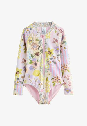 Langærmet badedragt i pastelfarver med blomsterpatterner. Har en lynlås foran og ensfarvede pink detaljer ved halsen og benene.