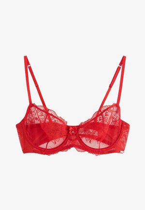 Punane pitsvõrk, millel on läbipaistev kangas, lillemuster, reguleeritavad rihmad ja väike paelakeskne detail. Kerge ja pehme tekstuuriga.