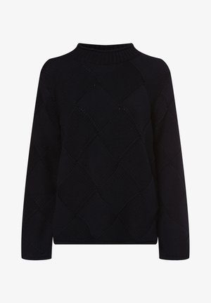 Pull en tricot noir avec un col rond côtelé, arborant un motif en losanges texturé et des manches longues pour une coupe décontractée.