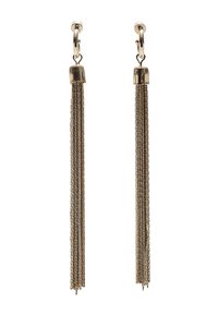 Orecchini in tono oro con lunghe nappine di catena fine che pendono da un perno rotondo e lucido, per un design elegante e lineare.
