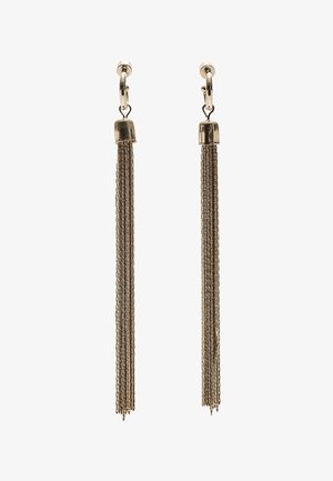 Ohrringe in Goldfarbe mit langen, feinen Kettentasseln, die von einem abgerundeten, polierten Hardware-Post hängen und ein elegantes, lineares Design bieten.