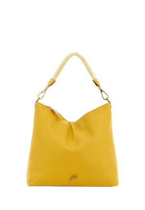 Borsa in pelle gialla con manico crema intrecciato e chiusure dorate, con un piccolo logo in metallo vicino al centro in basso.