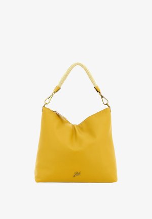 Borsa in pelle gialla con manico crema intrecciato e chiusure dorate, con un piccolo logo in metallo vicino al centro in basso.