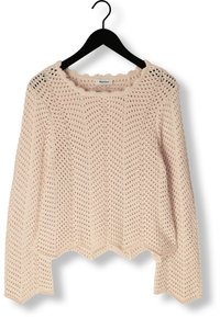 Pull rose clair en crochet à manches longues avec un ourlet en forme de festons, un motif ajouré et un large col rond. Suspendu à un cintre noir.