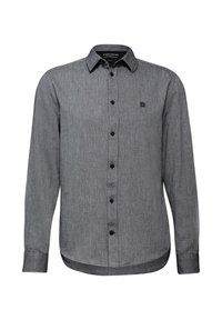 Camicia grigia a maniche lunghe con colletto button-down, bottoni neri e un piccolo logo sul petto. Realizzata in un tessuto testurizzato con un motivo sottile.