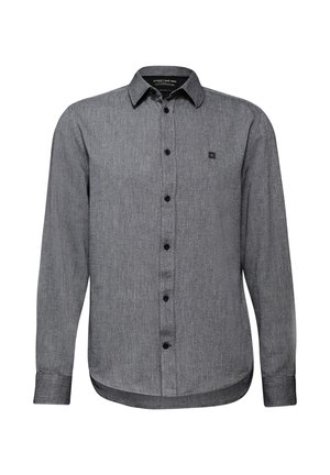Šedá dlouhá košile s knoflíkovým límcem, černými knoflíky a malým logem na hrudi. Vyrobena z texturované tkaniny s jemným vzorem.