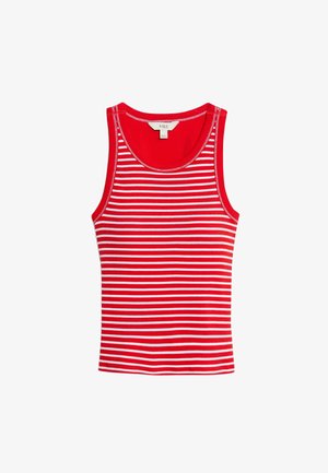 Rood-wit gestreepte tanktop met een geribde textuur, ronde halslijn en mouwloos ontwerp. Etiket met de tekst "M&S" op de achterkant.
