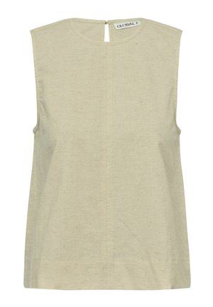 Débardeur léger beige clair avec un col rond, un détail en trou de serrure au dos et une couture verticale à l'avant. Fabriqué en tissu texturé.