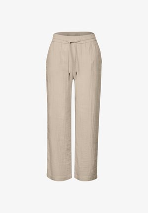 Beige, lightweight pants with a relaxed fit, elasticated waistband, drawstring detail, and a slightly textured fabric.