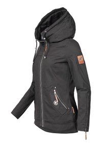 Black jacket with a large adjustable hood, zippered front, two side pockets, and a leather-like patch on the left sleeve.