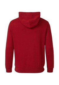 Roter Kapuzenpullover mit glatter Textur, gerippten Bündchen und Saum, bestehend aus einem schlichten Design ohne sichtbare Logos oder Verzierungen.