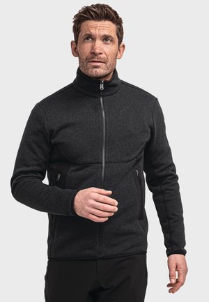 Schwarze Fleecejacke mit hohem Kragen, Reißverschluss vorne und seitlichen Taschen. Verfügt über einen strukturierten Stoff und kontrastierende schwarze Seitenelemente.