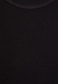 Black ribbed fabric featuring a crew neckline. The texture is smooth and stretchy, with fine vertical lines across the surface.