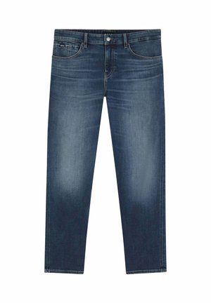 Jean slim homme bleu foncé avec un léger délavage, style cinq poches et fermeture par bouton à la taille.
